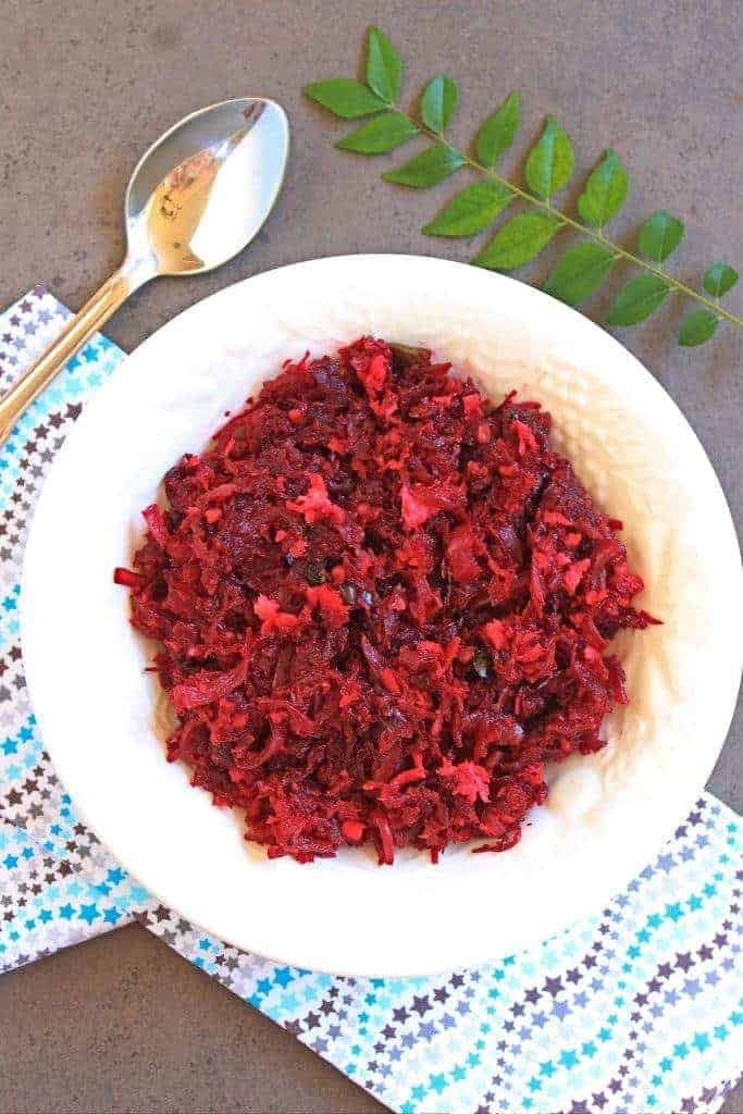 Beetroot Poriyal with Onion | Beetroot Stir Fry Beetroot Poriyal with Onion in a white bowl