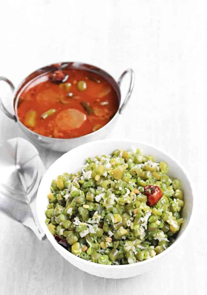 Beans Curry | Beans Poriyal with Coconut Beans Curry in a white bowl
