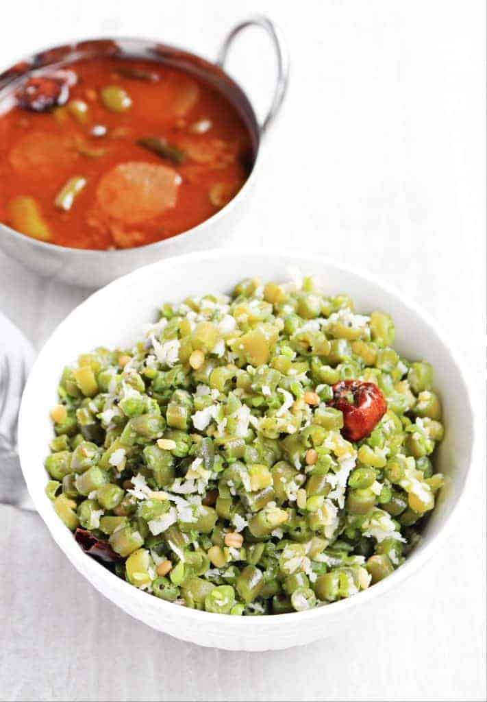 Beans Poriyal with Coconut and Vatthal kuzhambu on the side