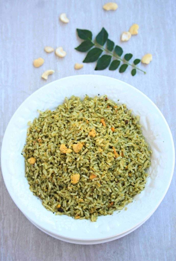 Karuveppilai Sadam | Spiced Curry Leaves Rice curry leaves rice in a white bowl