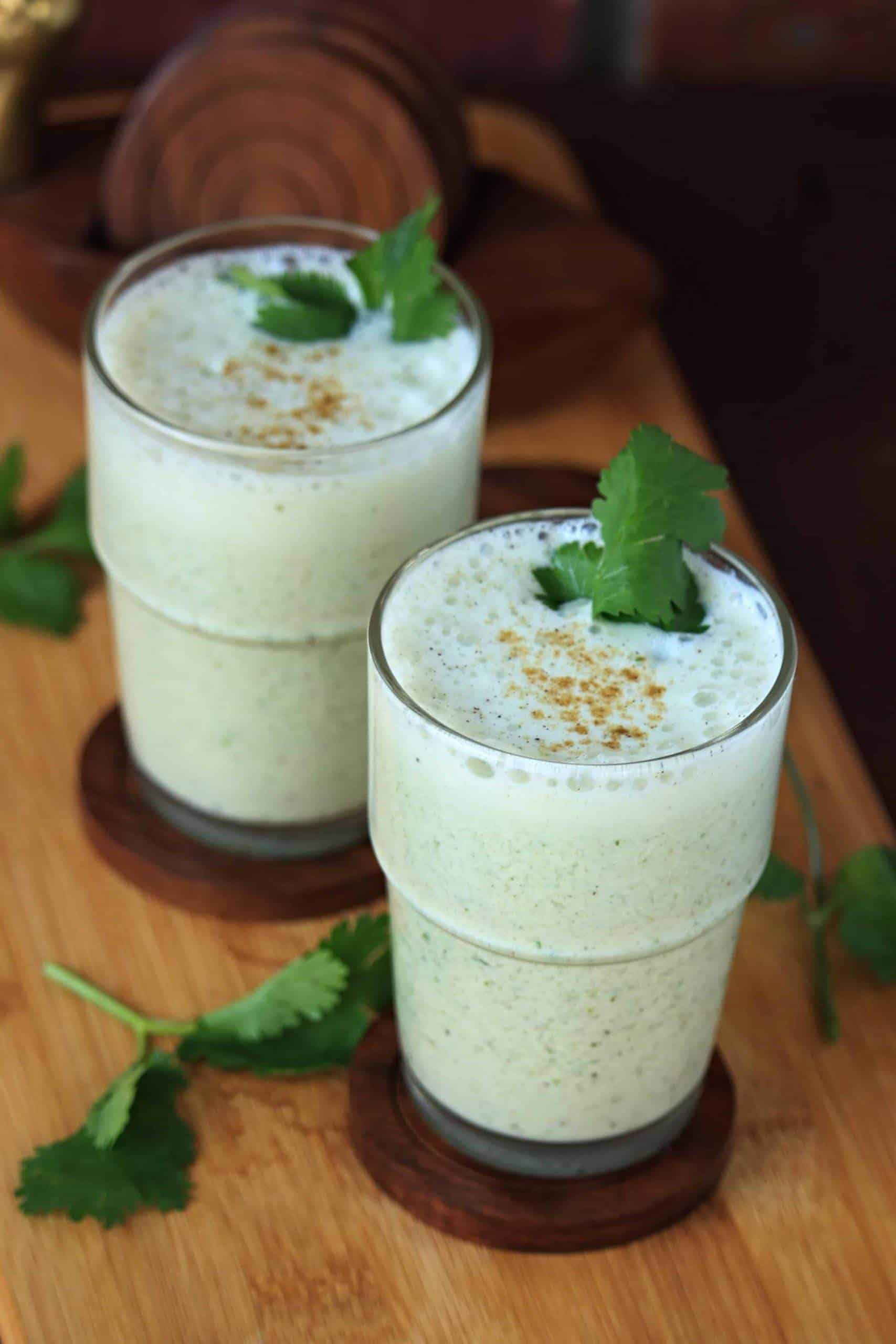 Masala Chaas | Spiced Buttermilk Masala Chaas in two glass cups