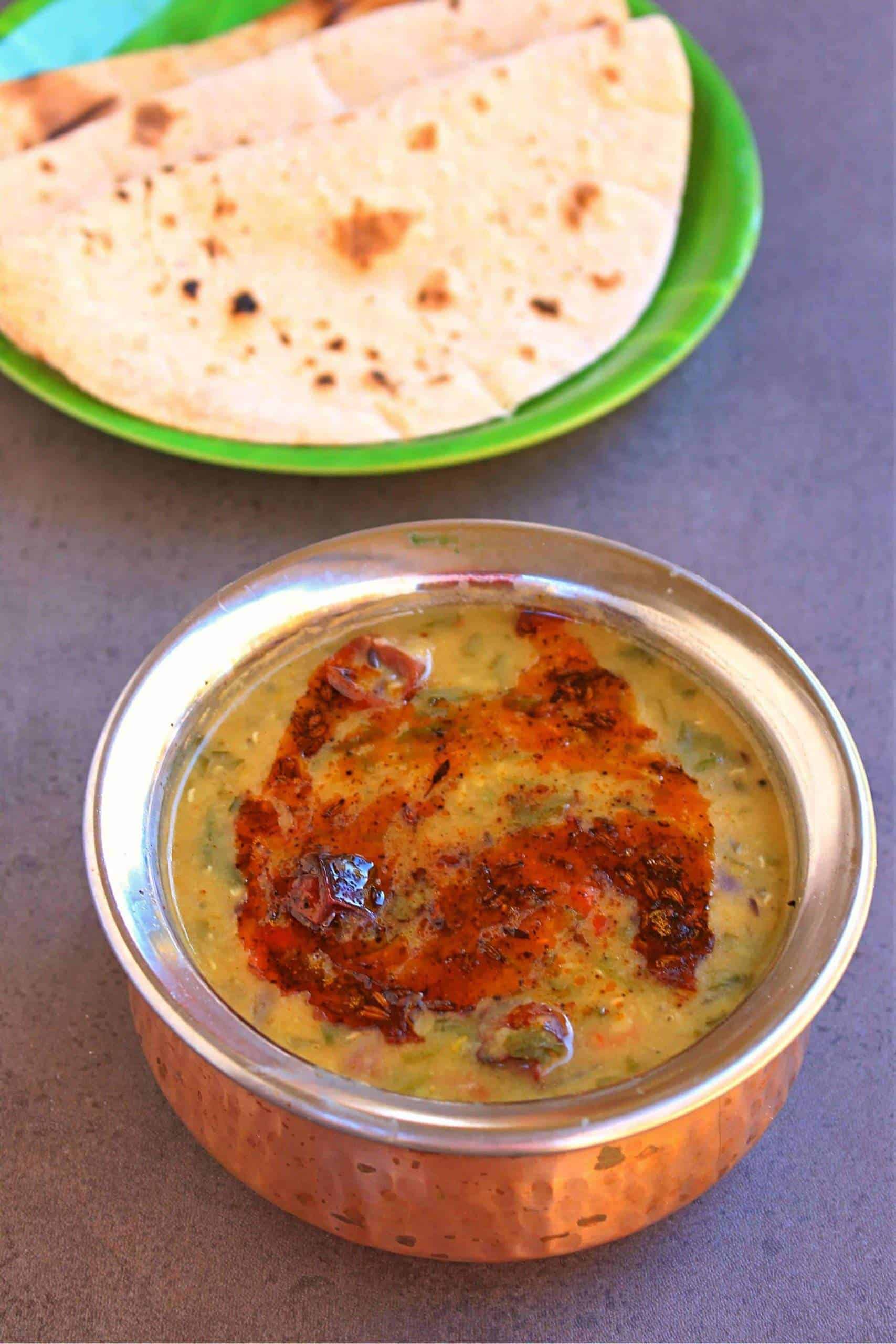 Methi Dal | Lentils with Fresh Fenugreek Leaves Methi Dal With Roti in background