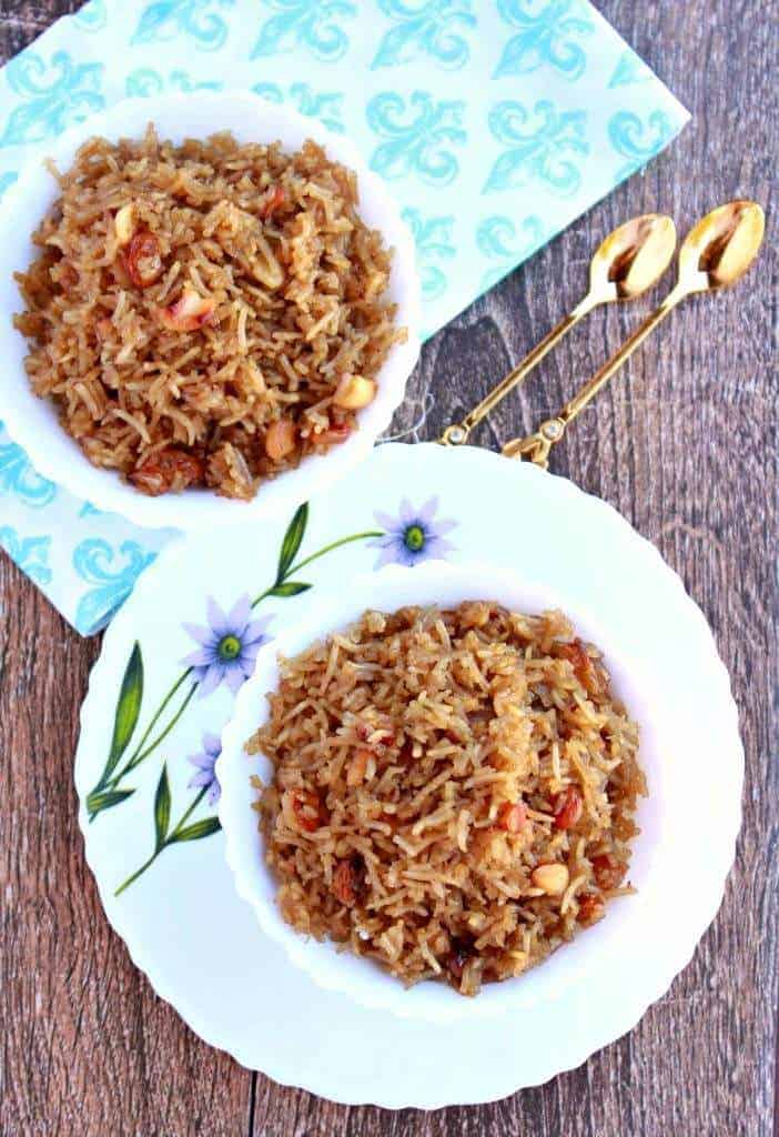 Narali Bhath | Sweet Coconut Rice Narali Bhath in a white bowl