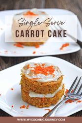 single carrot cake with fork and text overlay.