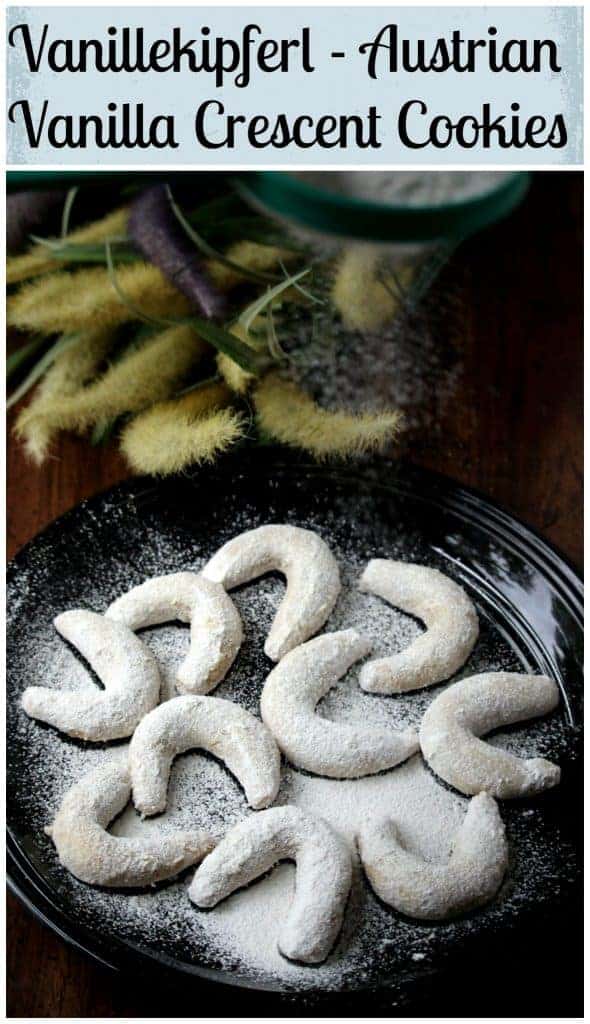 V for Vanillekipferl | Austrian Vanilla Crescent Cookies Vanillekipferl or Austrian Vanilla Crescent Cookies in a plate